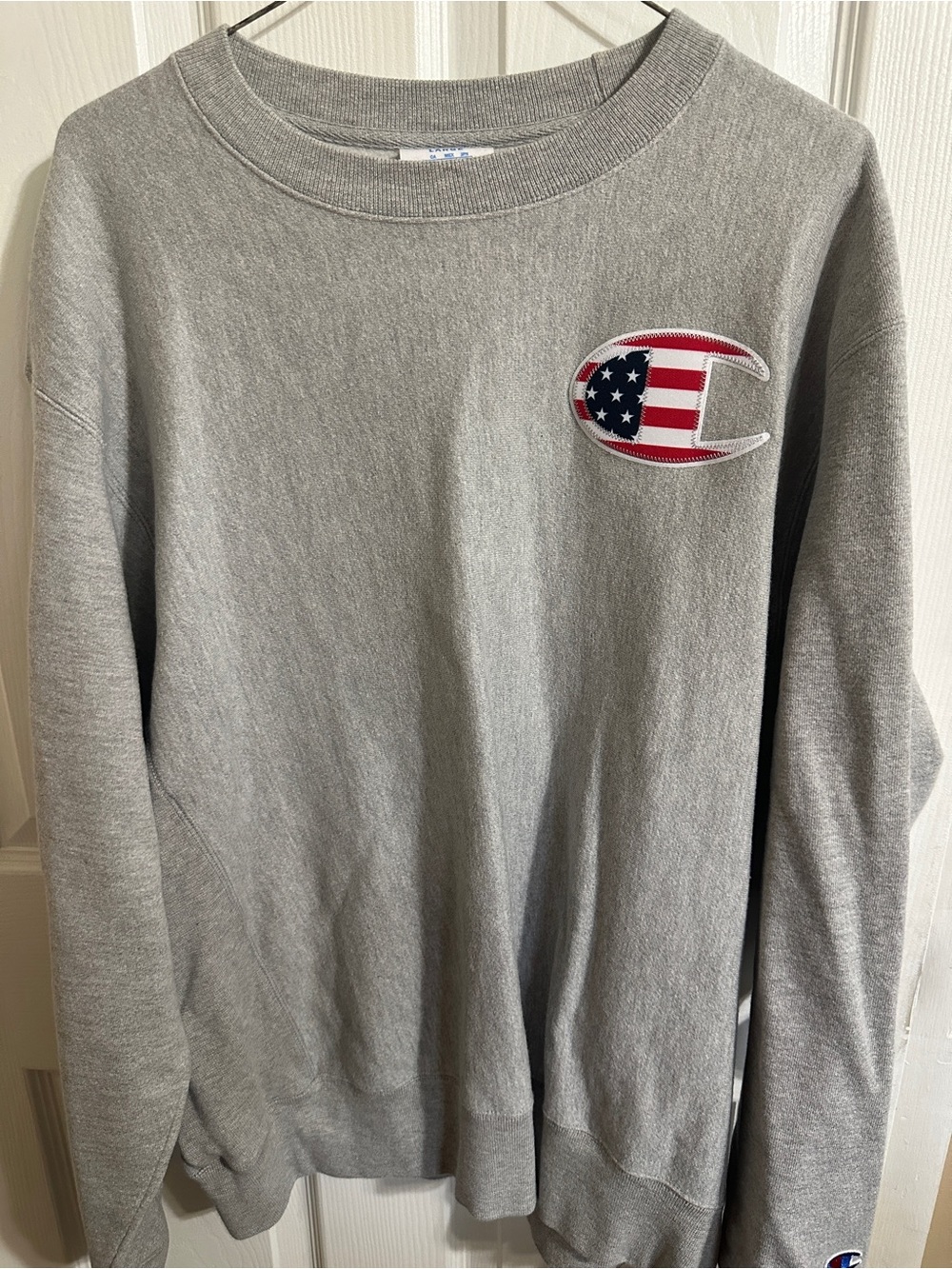 Champion Gray Crewneck Sweatshirt with American Flag 'C' Patch